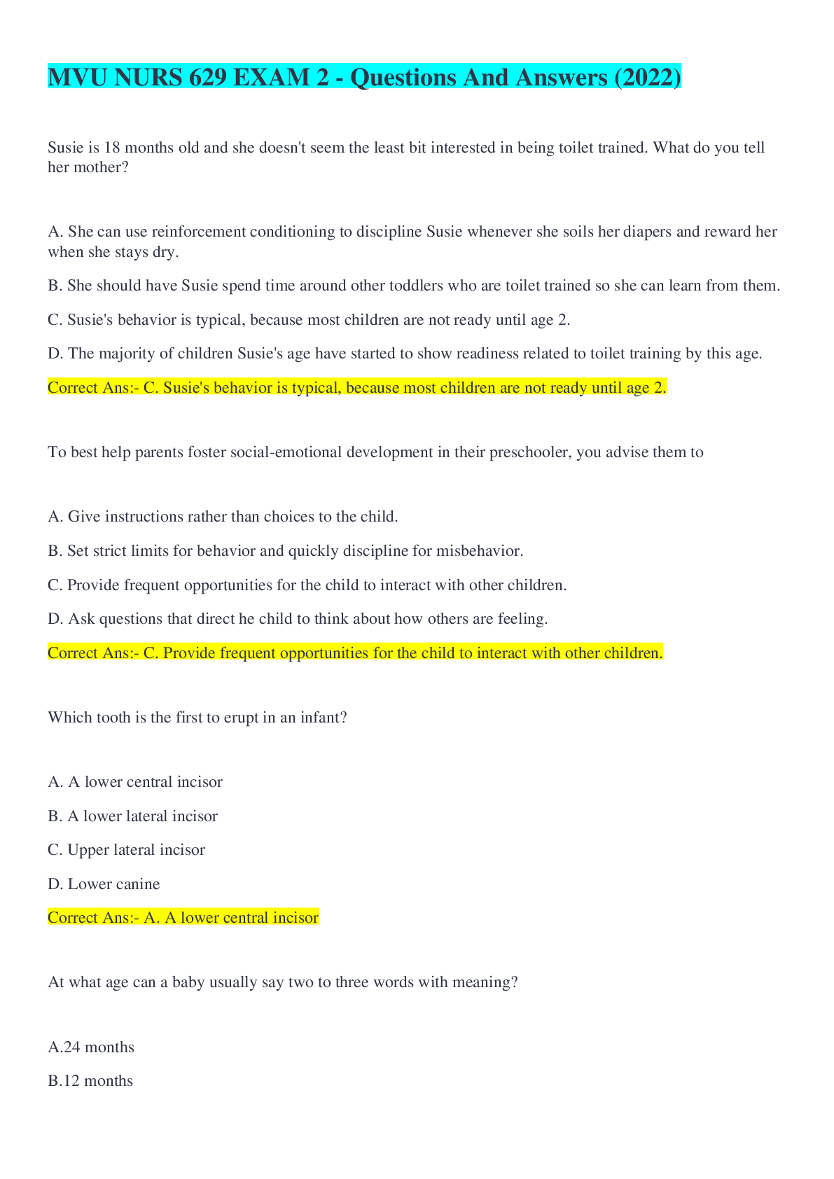 Preview of MVU NURS 629 EXAM 2 - Questions And Answers (2022)